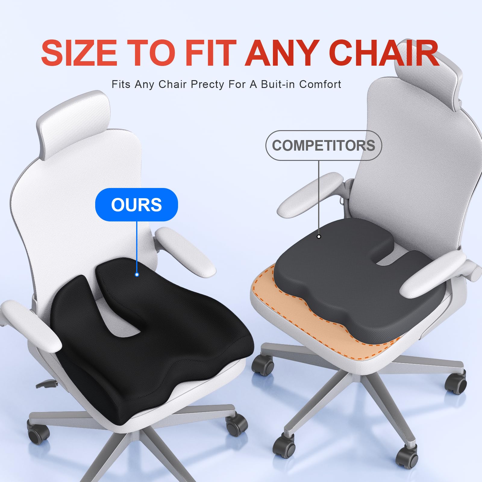 Benazcap Extra Large Memory Foam Seat Cushion - Ergonomic Office Chair Pad for Pressure Relief, Sciatica & Back Pain - Comfortable Support for Long Sitting - Perfect for Gaming Chairs, Car Seats & Home Office (Black)