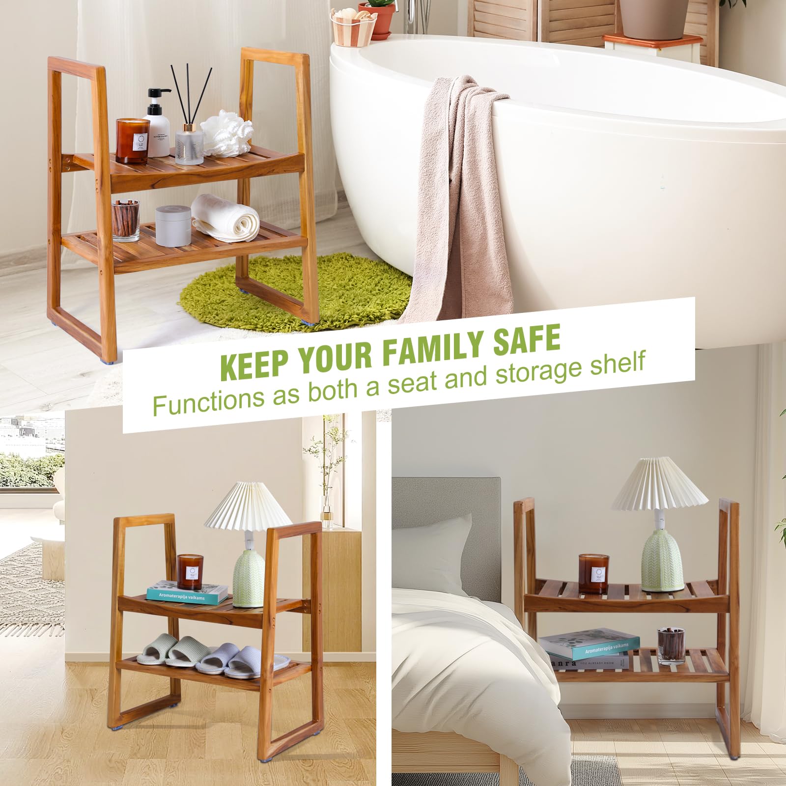 Premium Teak Shower Bench with Arms & 2-Tier Storage Shelf - 21