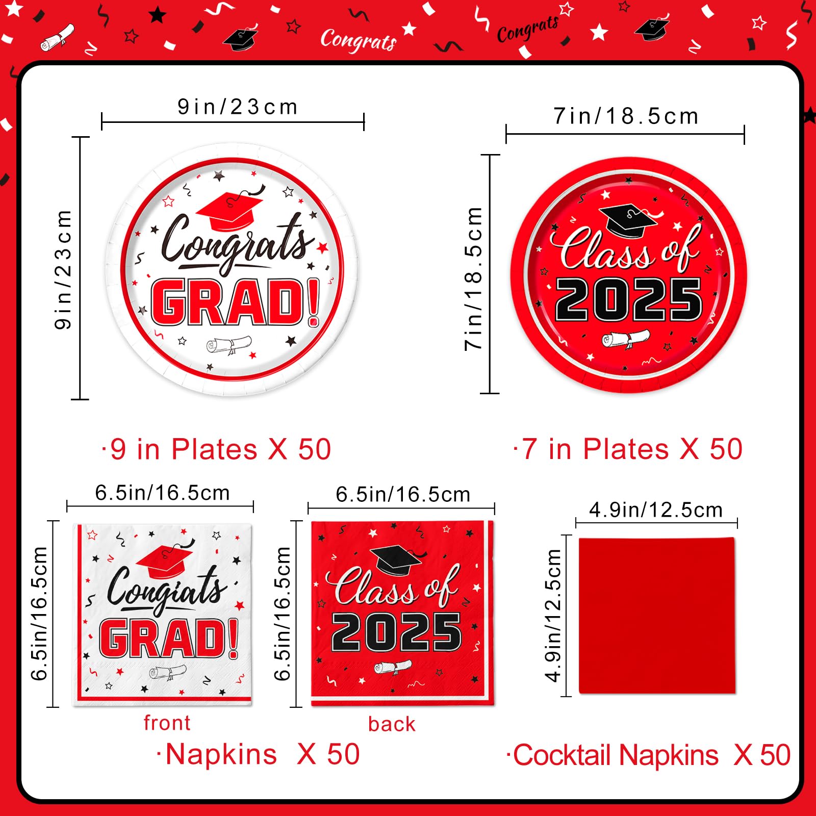 Class of 2025 Graduation Party Supplies Kit for 50 Guests - Red Disposable Dinner Plates, Dessert Plates & Napkins - Perfect for Grad Party Decorations & Celebration Events