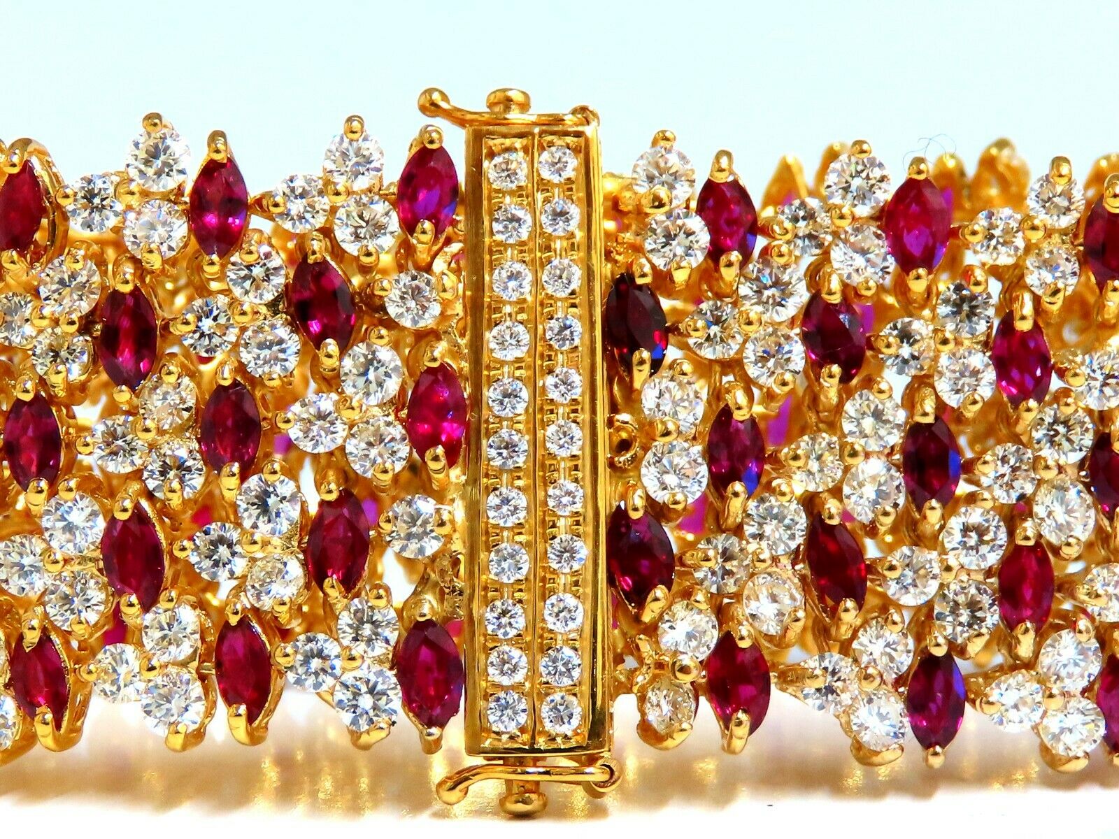 44.58ct Natural Ruby & Diamond Wide Cuff Bracelet in 14kt Gold Flex Mesh - Elegant Jewelry for Weddings, Parties & Special Occasions