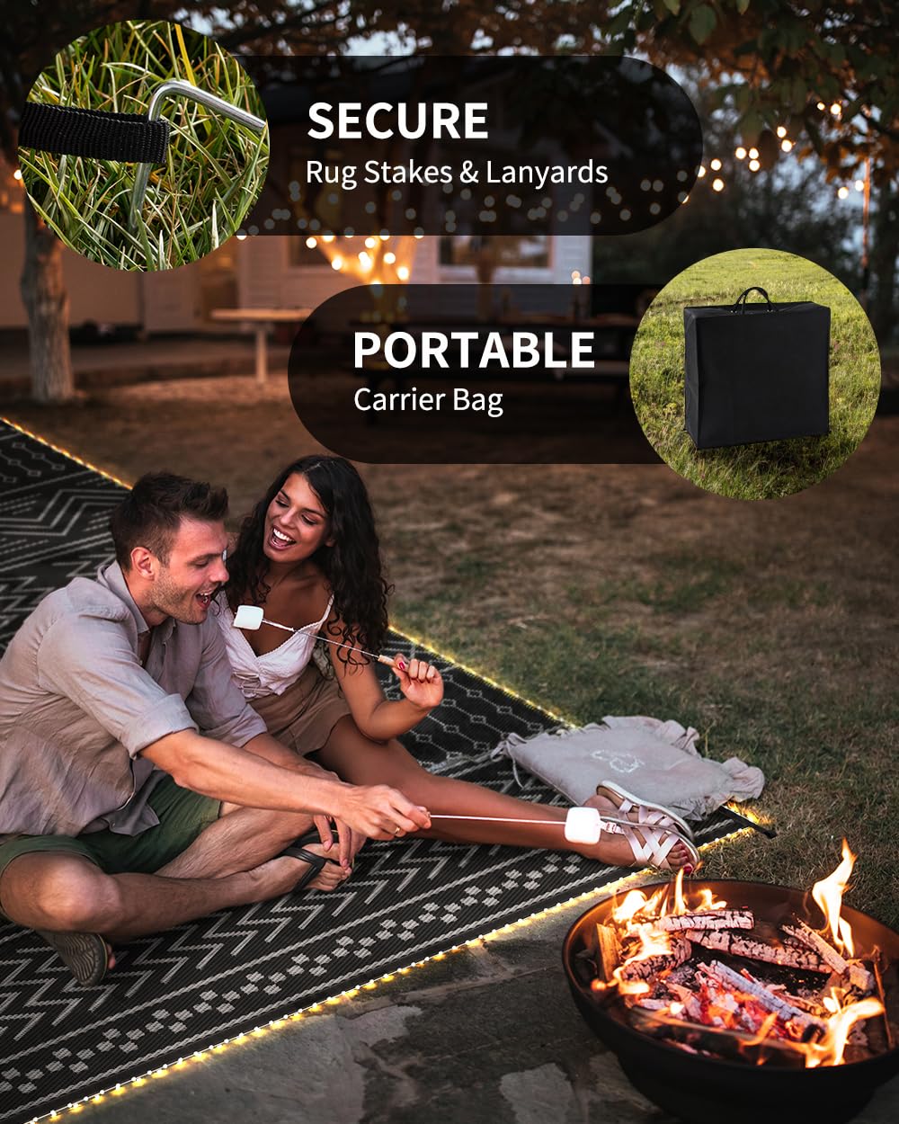 Waterproof 8x10 ft Outdoor Rug with LED Strip Lights - Reversible Lightweight Plastic Straw Patio Mat for RV, Camping, Picnic & Boho Decor | Indoor/Outside Use for Deck, Garden & Backyard