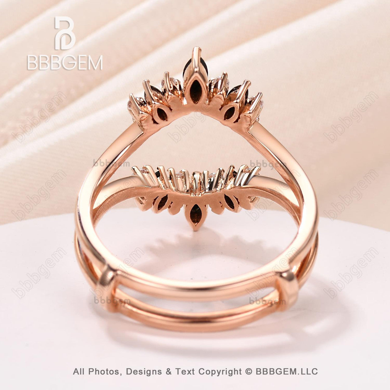 Marquise & Round Cut Black Onyx Diamond Chevron Wedding Band Ring Enhancer - Unique Rose Gold Curved Spinel Moissanite Bridal Jewelry for Engagement, Anniversary & Special Occasions