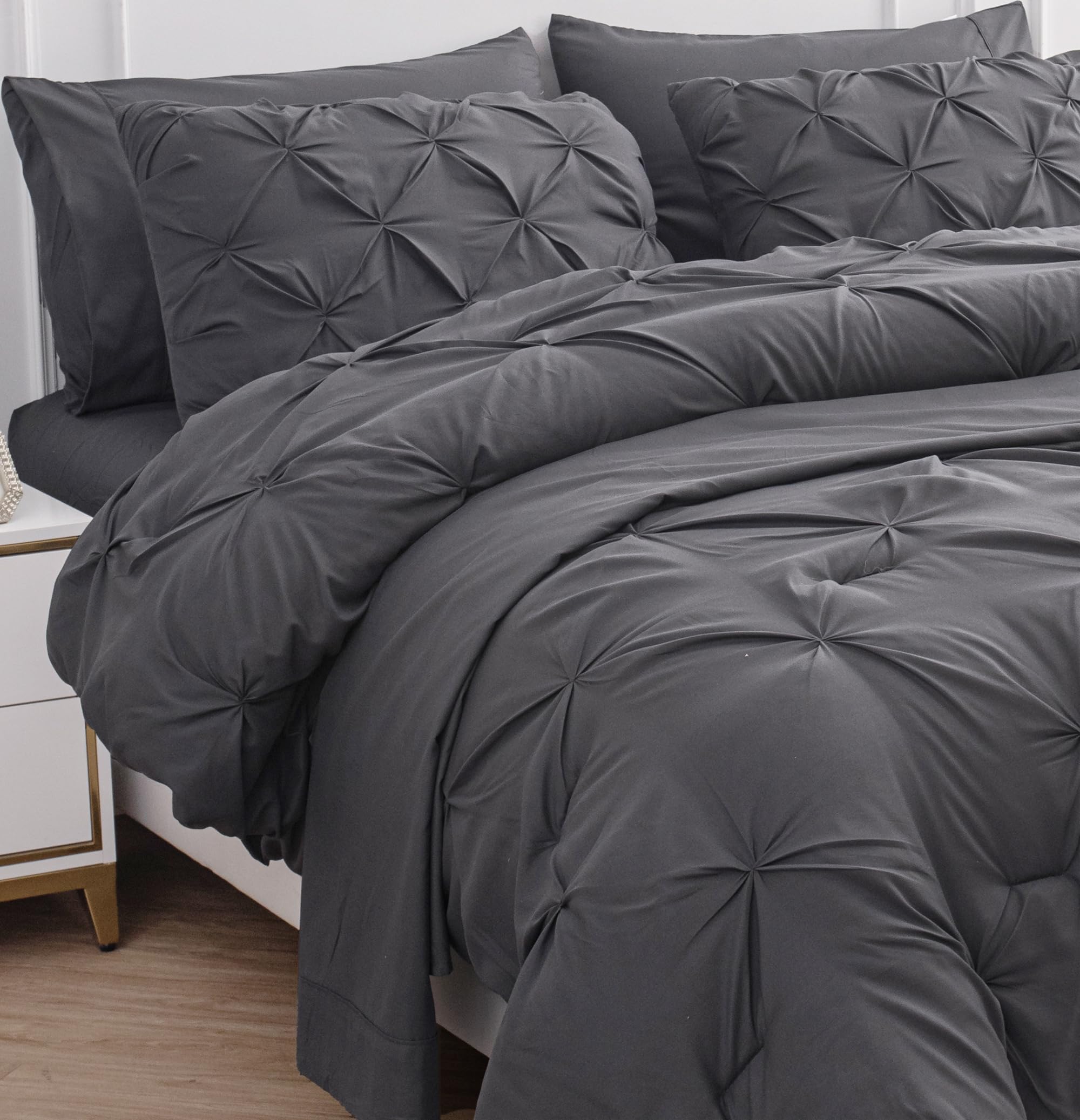 Luxury LANE LINEN 7-Piece Queen Size Comforter Set with Pintuck Design - Soft Bed in a Bag Includes Sheets, Pillowcases & Shams - Premium Grey Bedding for Master Bedroom, Guest Room & Cozy Home Decor