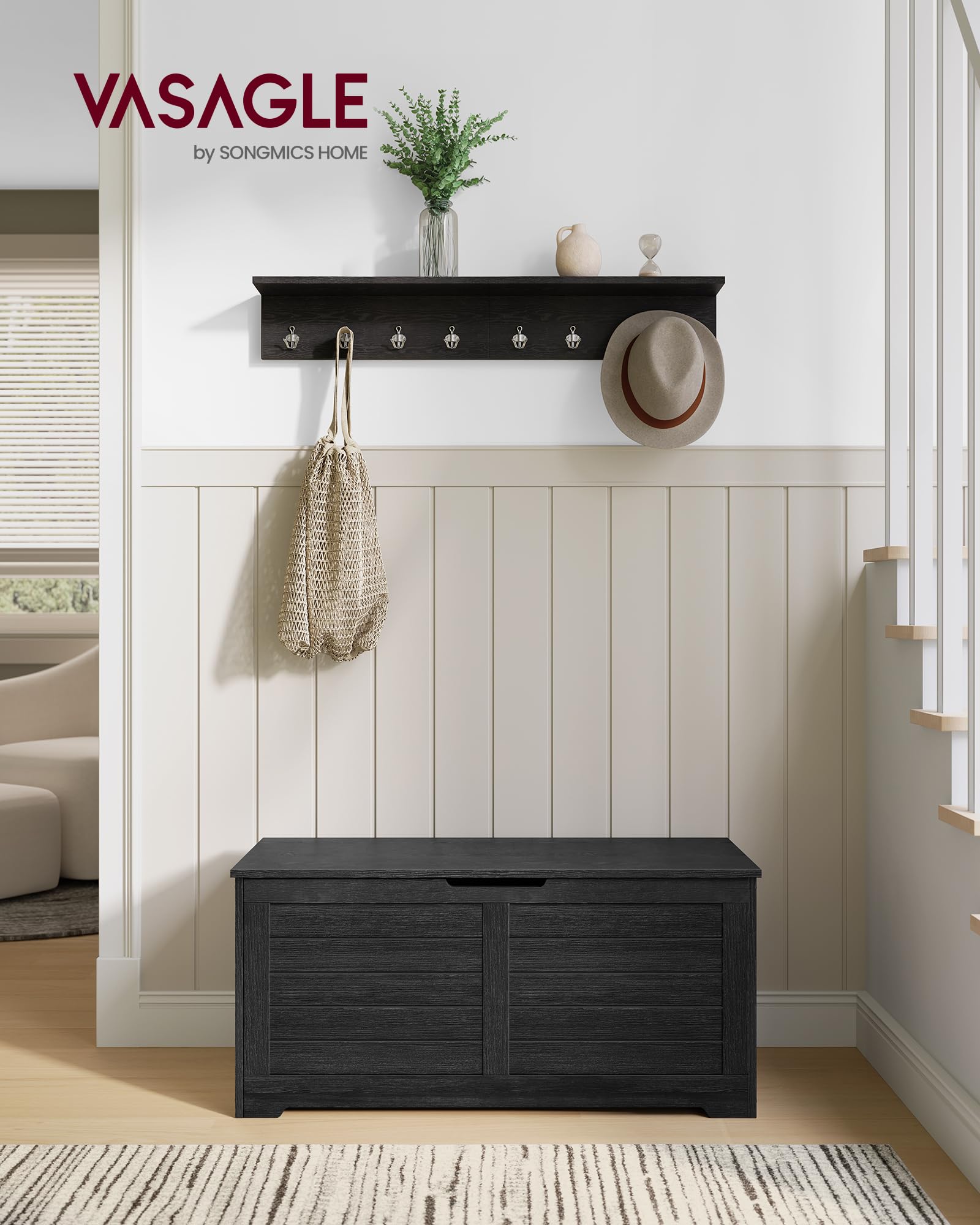 VASAGLE Farmhouse Style Storage Chest Bench - 15.7 x 39.4 x 18.1 Inch Multifunctional Trunk with 2 Safety Hinges, Entryway Shoe Storage Organizer for Bedroom, Living Room & Hallway - Charcoal Gray ULSB061B01 | Perfect for Small Space Organization & Farmhouse Decor