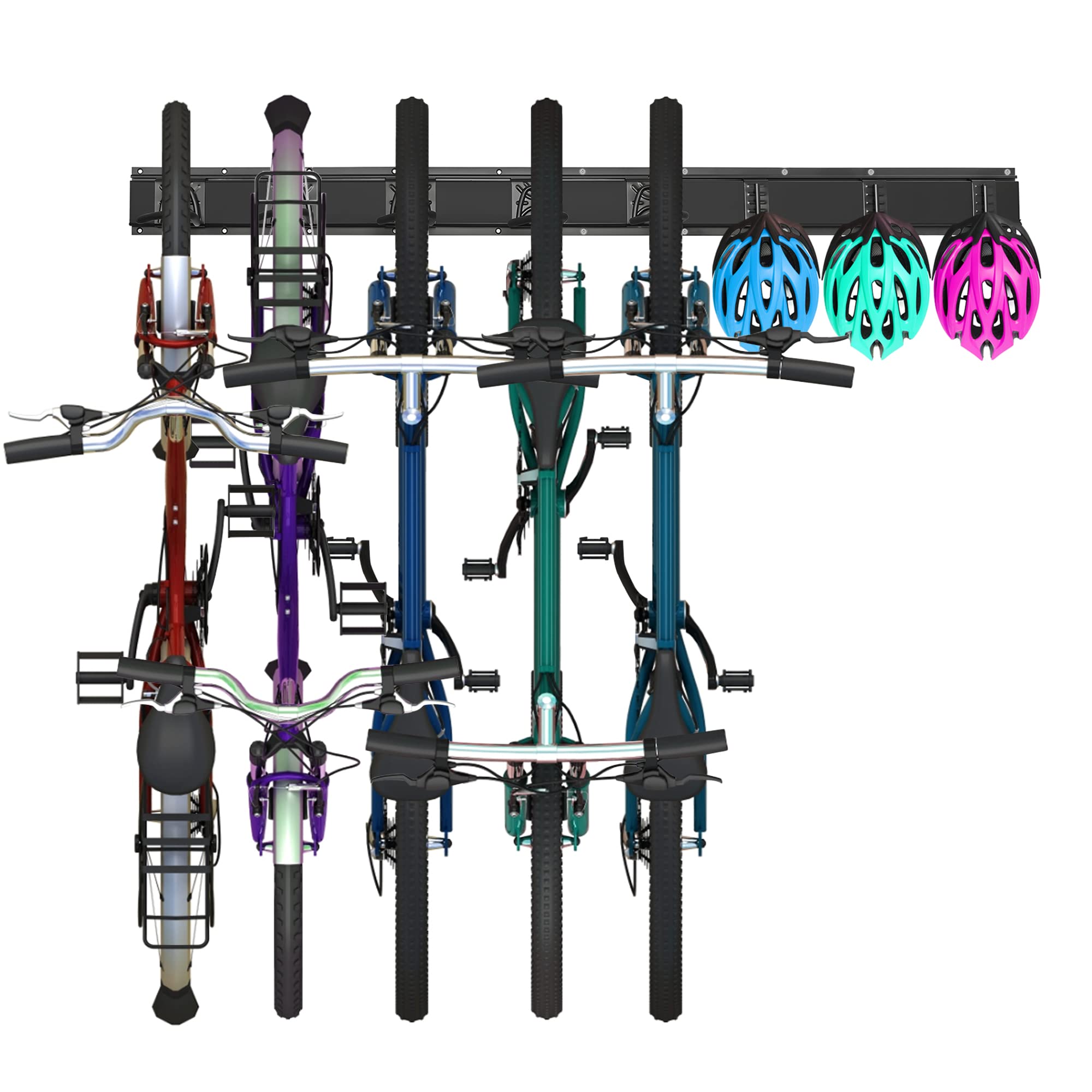 ITHWIU Wall-Mounted Vertical Adjustable Bike Rack - Garage Storage System with 5 Adjustable Hooks & 3 Helmet Hooks for Indoor Home Organization | Perfect for Small Spaces, Apartments & Bike Enthusiasts