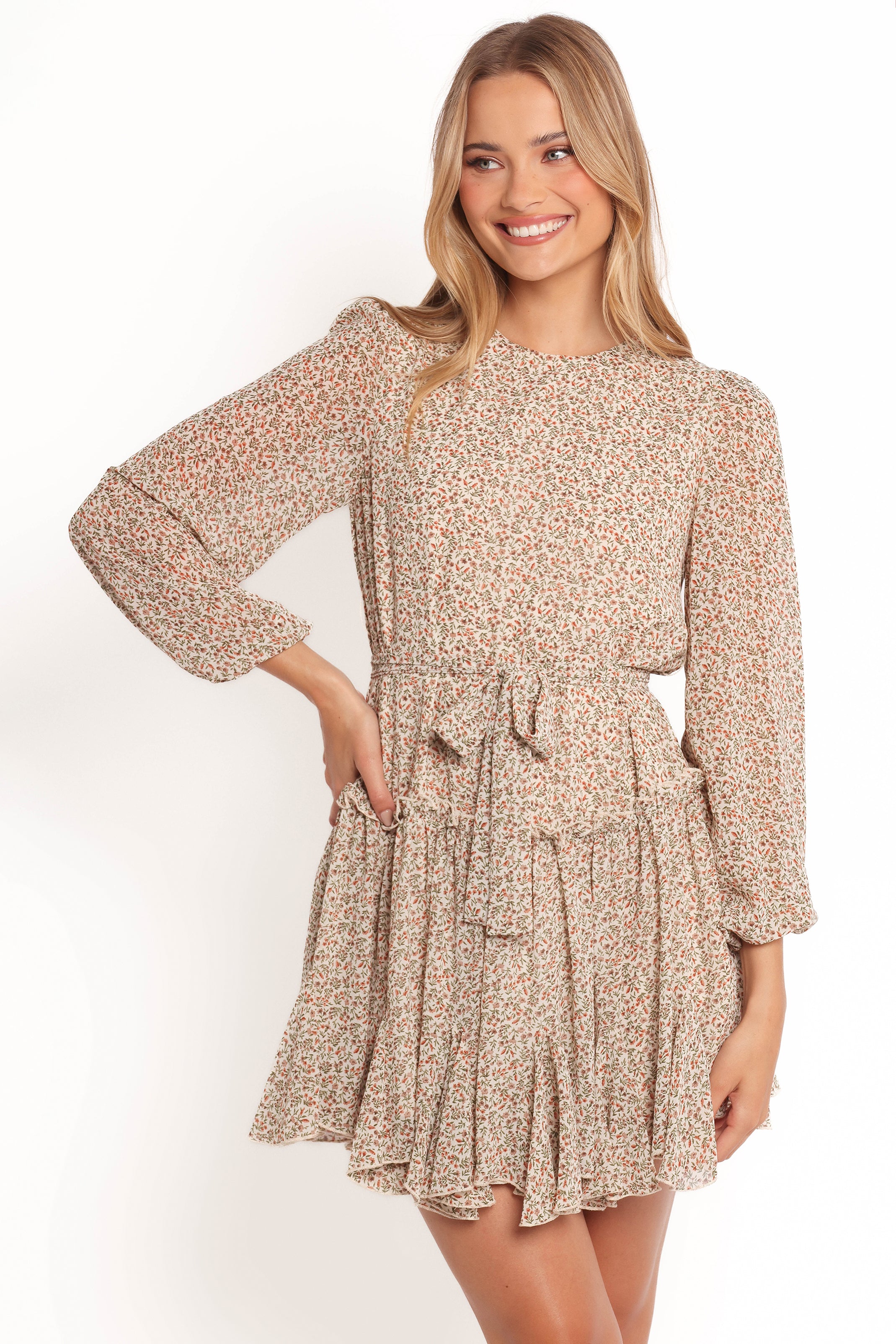 Jennie Long Sleeve Mini Dress - Cream & Multi Color Floral Print Women's Party Dress for Cocktail, Wedding & Date Night Outfits