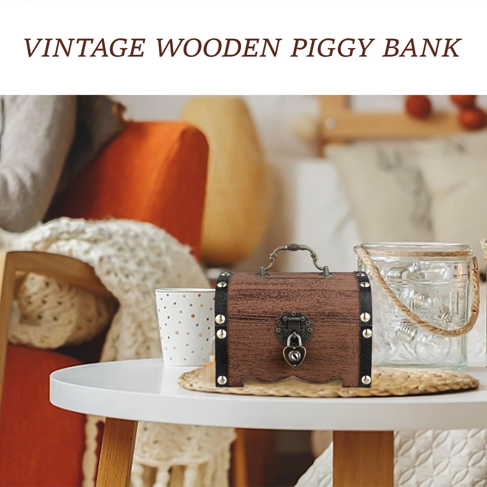 FAVOMOTO Wooden Pirate Treasure Chest Box - Antique Retro Piggy Bank with Love Lock & Keys, Handmade Jewelry Storage Box for Money, Coins & Valuables | Perfect for Home Decor, Gift Giving & Themed Parties