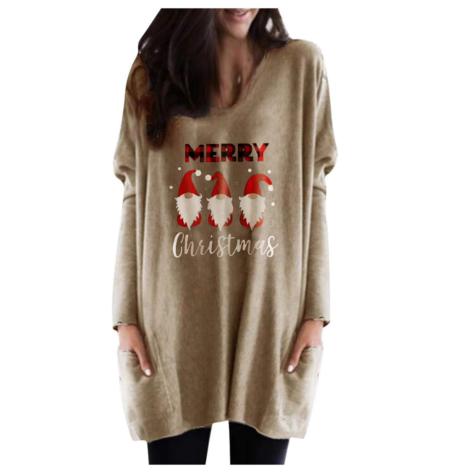 Women's Casual Christmas Print Long Sleeve Sweatshirt - Cozy Holiday Pullover Blouse (Khaki, XL) for Winter Parties, Family Gatherings & Festive Outfits