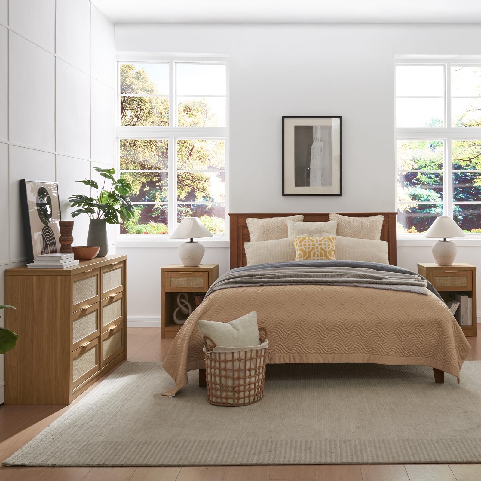 Rattan Boho 3-Piece Bedroom Set - 6-Drawer Dresser & 2 Nightstands with USB-C Charging | Vintage Bedroom Furniture for Master & Guest Rooms