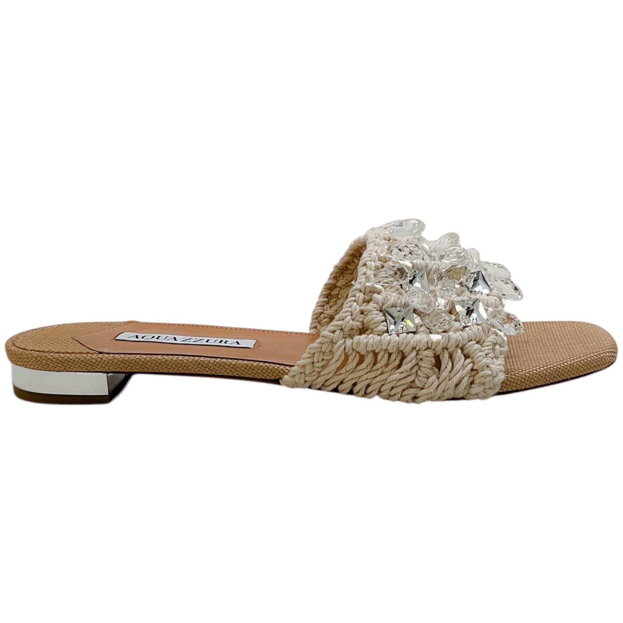 Aquazzura Women's Natural Raffia Flat Sandals with Crystal Detail - Comfortable Summer Beach Shoes for Vacation & Casual Outings