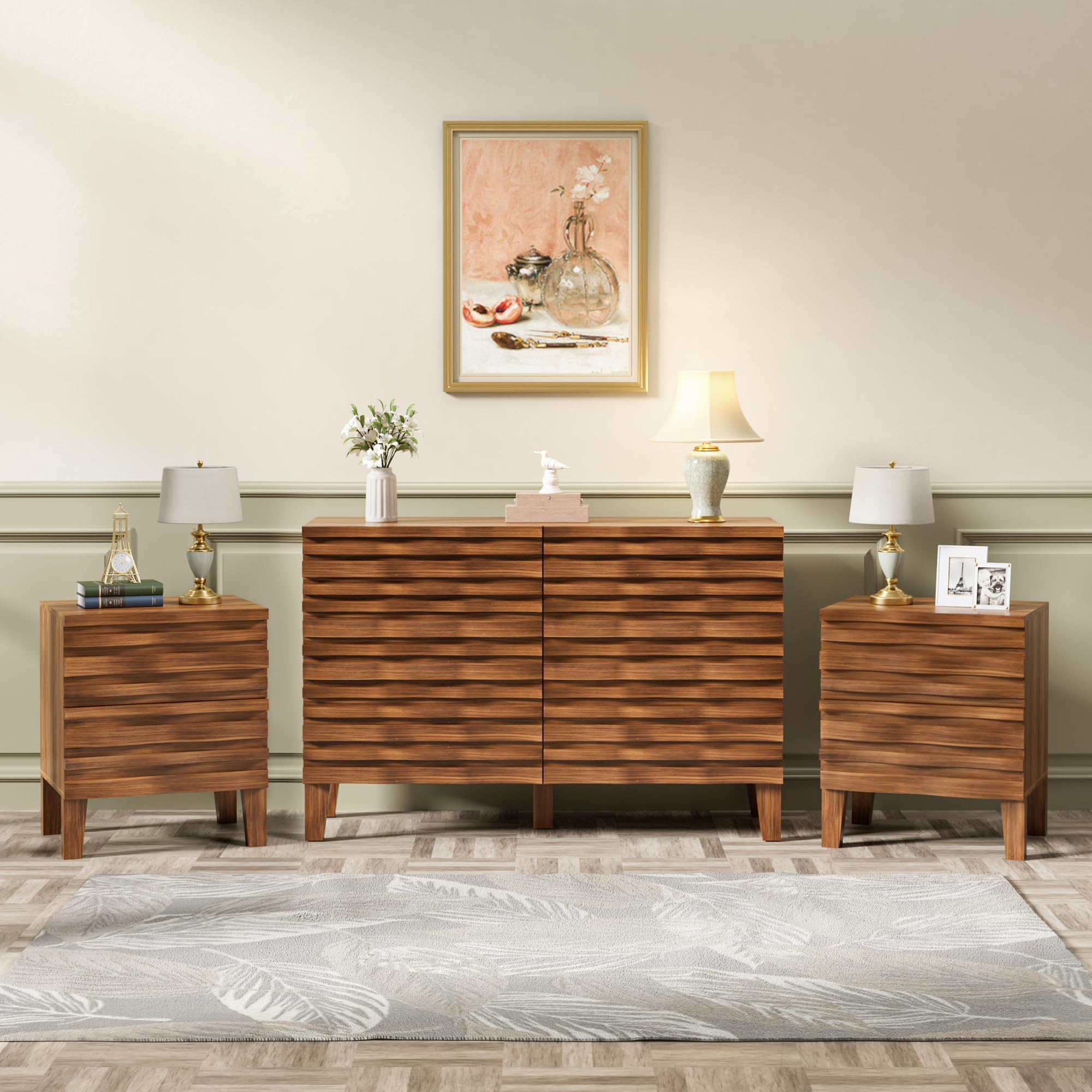 Mid Century Modern 6-Drawer Dresser and Nightstand Set - Solid Wood Bedroom Furniture with Fluted Design & Moire Pattern - Storage Solution for Master Bedroom, Guest Room, or Apartment (Wood Color)