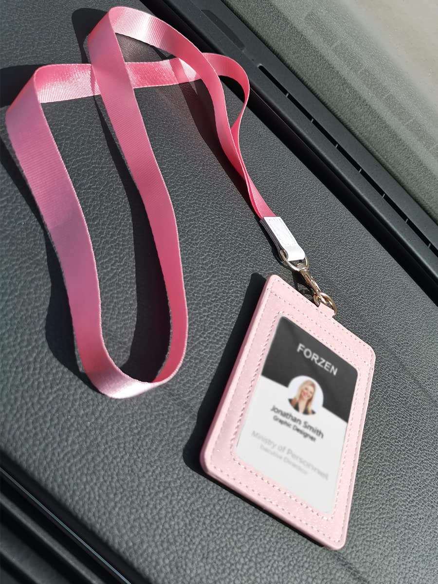 Slim Leather ID Badge Holder & Credit Card Wallet - Minimalist Vertical Design with Neck Lanyard for Men & Women (Pink) - Perfect for Office, School, Events & Travel Accessories
