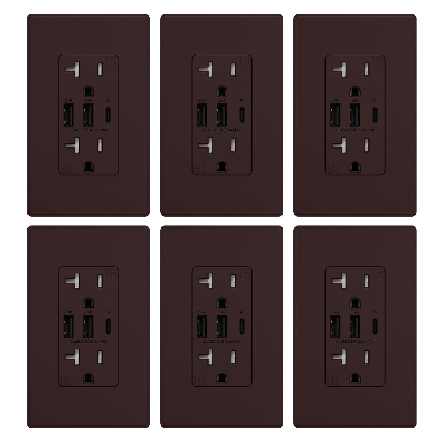 ELEGRP 30W 6.0A 3-Port USB Wall Outlet with Type C & Type A Ports - 20A Receptacle for iPhone, iPad, Samsung, LG, HTC & Android Devices - UL Listed - Includes Wall Plate - 6 Pack Matte Brown - Perfect for Home, Office, Hotel & Commercial Charging Stations