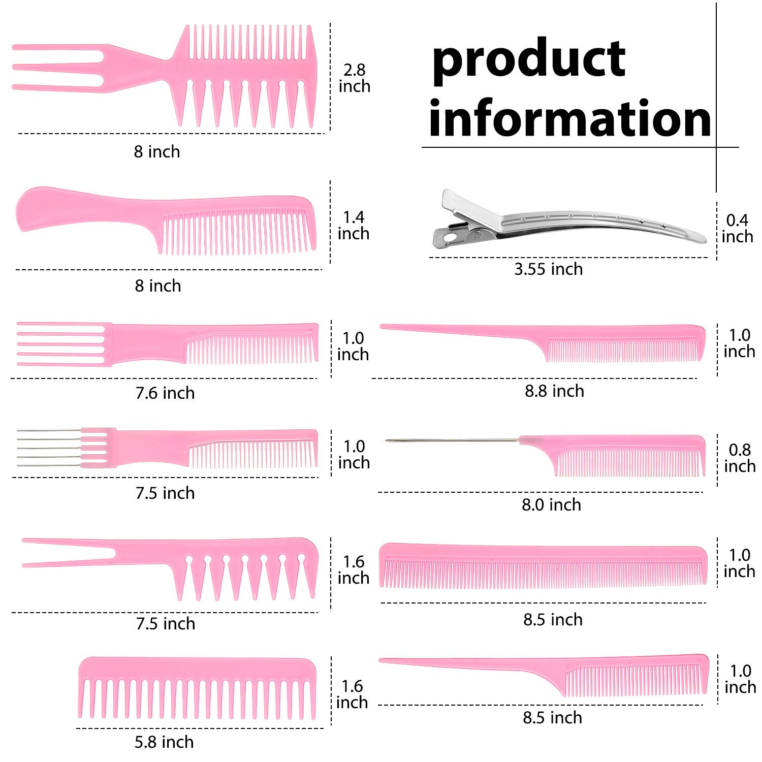 10-Piece Professional Hair Styling Comb Set with Duckbill Clips, Anti-Static Combs & Metal Hair Clips - Salon & Barber Tools for Styling, Cutting & Blowouts (Pink) - Perfect for Home Haircuts, Salon Styling & Professional Grooming