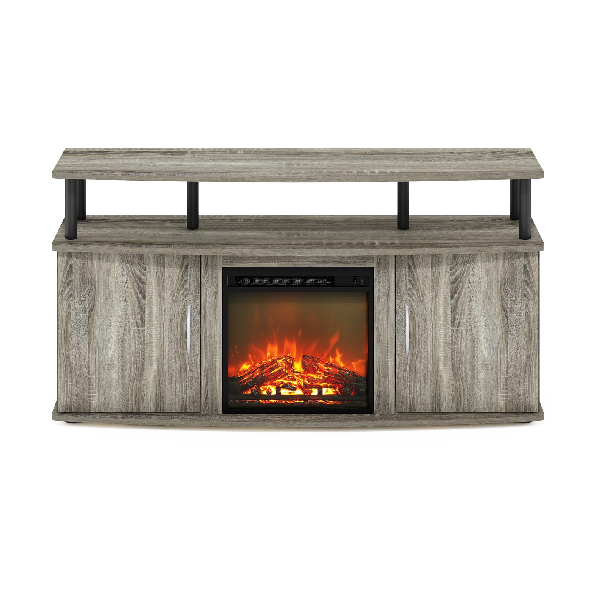 Furinno Jensen 55 Inch TV Stand with Fireplace Design, Storage Cabinet & Doors - French Oak Grey/Black - Perfect for Living Room Entertainment Centers & Home Theater Setups