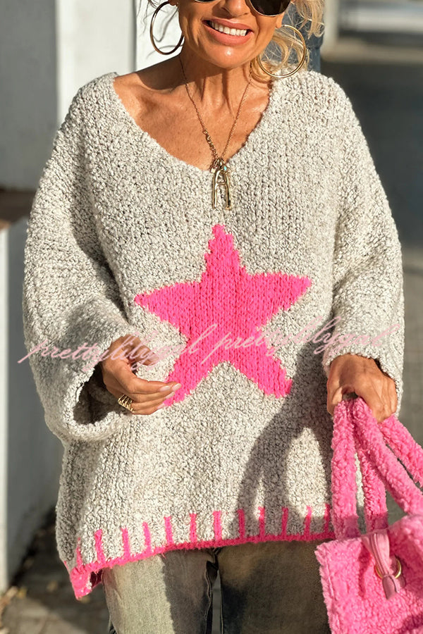 Cozy Winter Knit Sweater with Star Pattern & Contrast Colors - Loose Fit for Casual Outings, Holiday Gatherings & Cold Weather Fashion