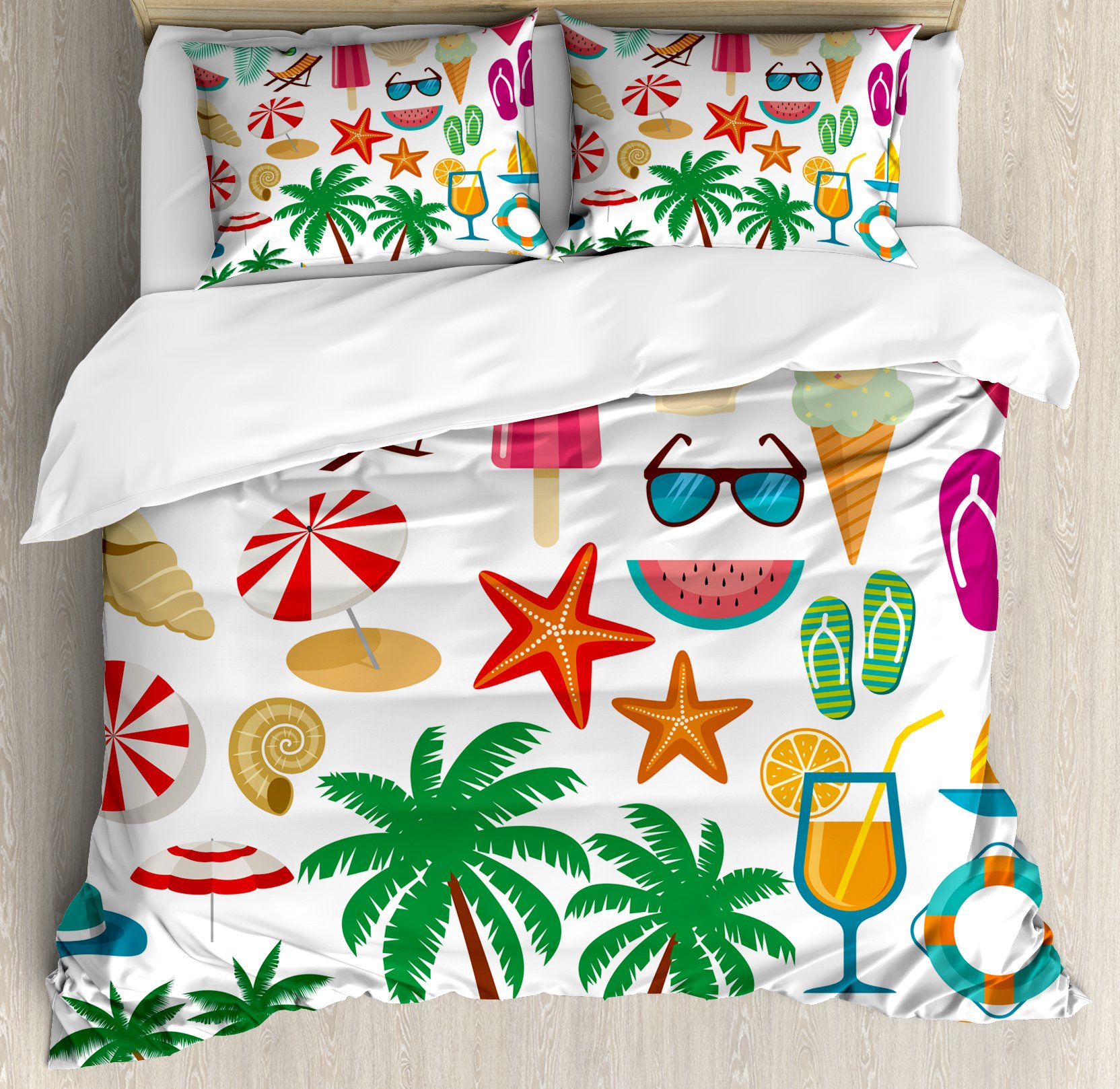 Ambesonne Beach Duvet Cover Set - Queen Size 3-Piece Bedding with 2 Pillow Shams | Summer Vacation Theme Featuring Trees, Bikini, Sunglasses, Umbrella, Starfish & Watermelon Abstract Design | Perfect for Coastal Bedrooms, Beach House Decor & Tropical Themed Guest Rooms