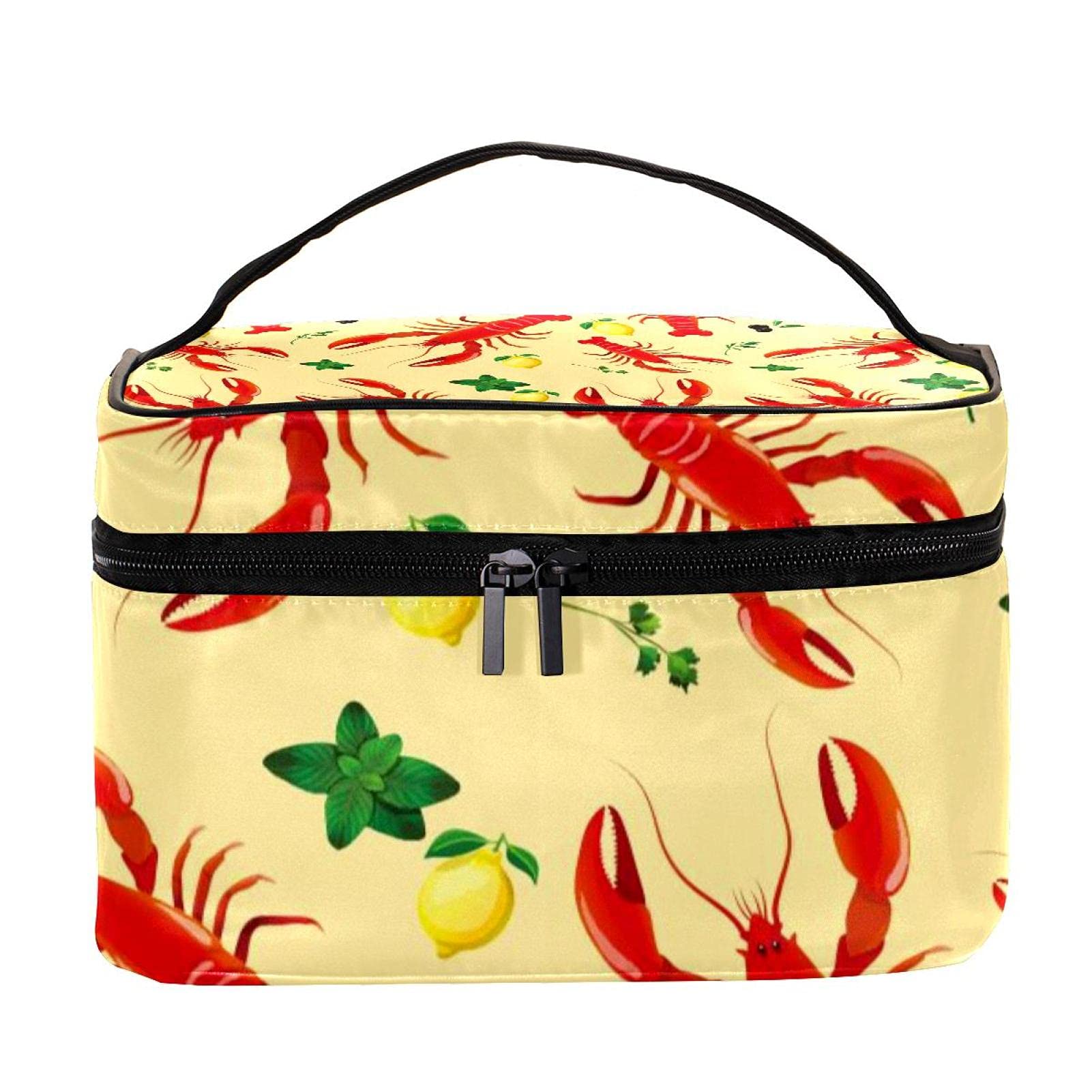 Stylish Lobster & Lemon Seafood Pattern Travel Makeup Bag - Large Cosmetic Organizer with Zipper for Women & Girls | Perfect for Beach Vacations, Gym Essentials & Weekend Getaways