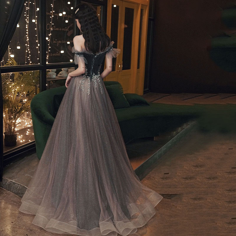 Elegant Off Shoulder Dark Green Velvet Prom Dress with Shiny Tulle Skirt - A-Line Evening Gown for Homecoming, Wedding Guest & Formal Events (Style 708)
