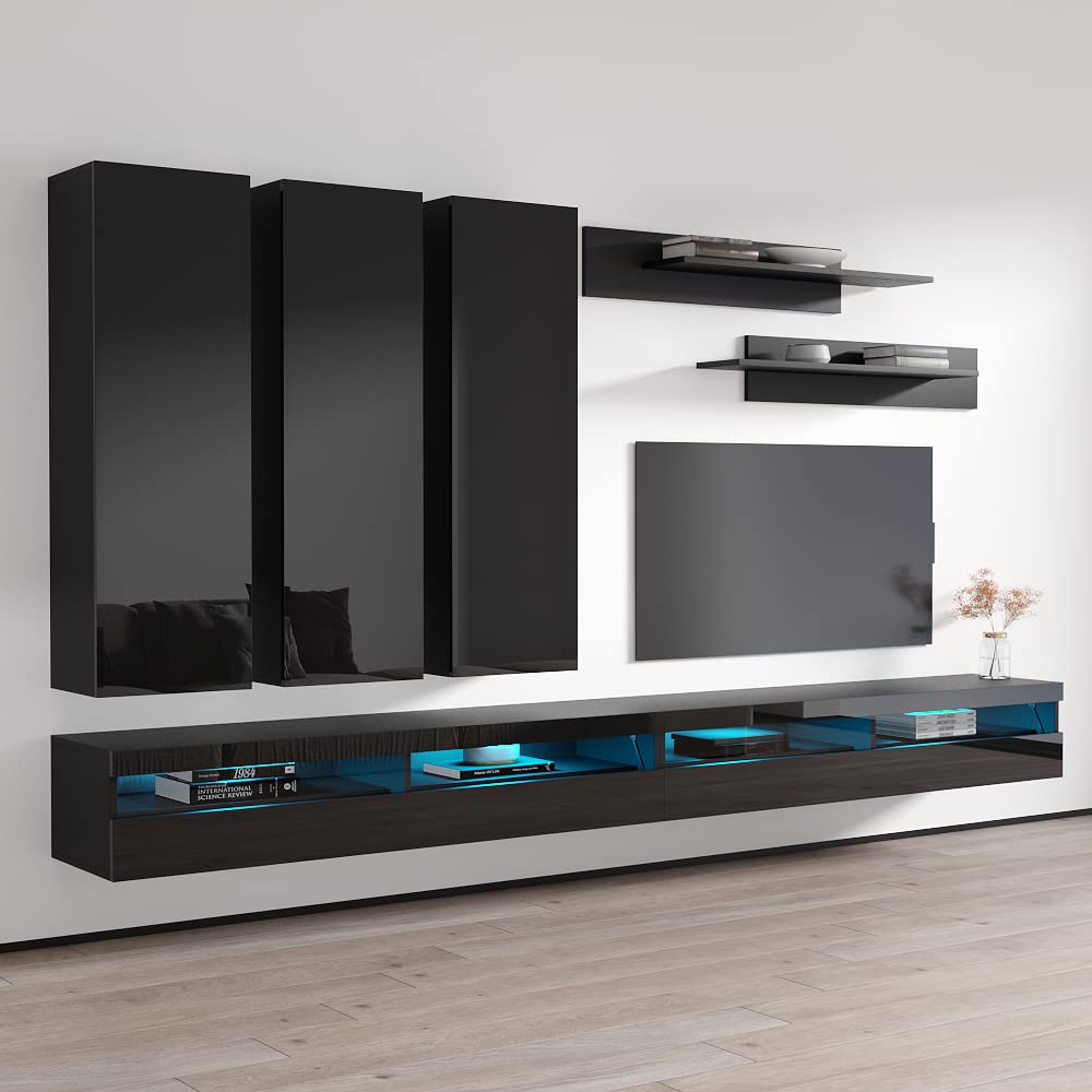 Modern Floating TV Stand with LED Lights & Storage - Wall-Mounted Entertainment Center for Bedroom & Living Room - E1 35TV Console with Shelves - Perfect for Small Spaces & Home Theater Setup - Black