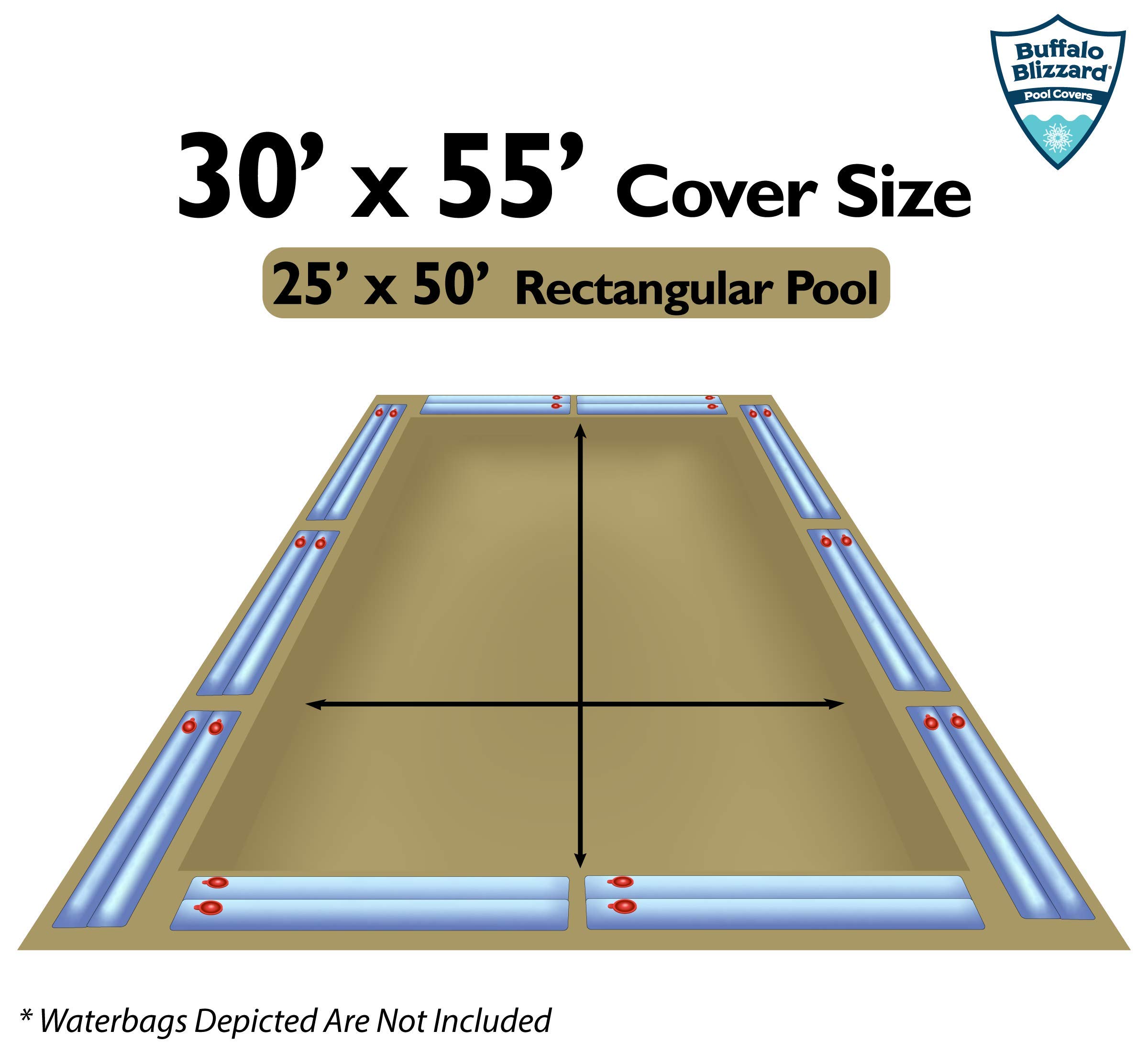 Buffalo Blizzard Supreme Plus Winter Pool Cover with Water Bags Kit - Fits 25x50 ft Rectangle In-Ground Pools (Tan/Silver) | Includes 5 ft Overlap (30x55 ft) | Heavy-Duty Protection for Winter Season | Ideal for Snowy Climates and Freezing Temperatures