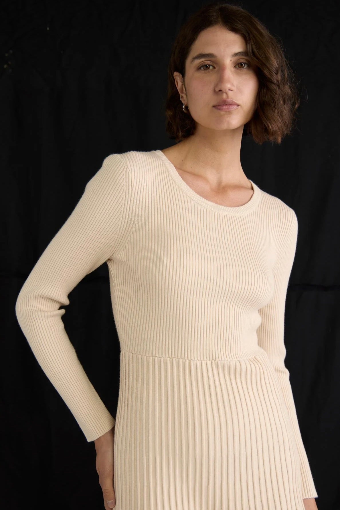 Elena Vanilla Rib Knit Long Sleeve Midi Dress - Elegant Fall & Winter Outfit for Women, Perfect for Office, Date Night and Holiday Parties