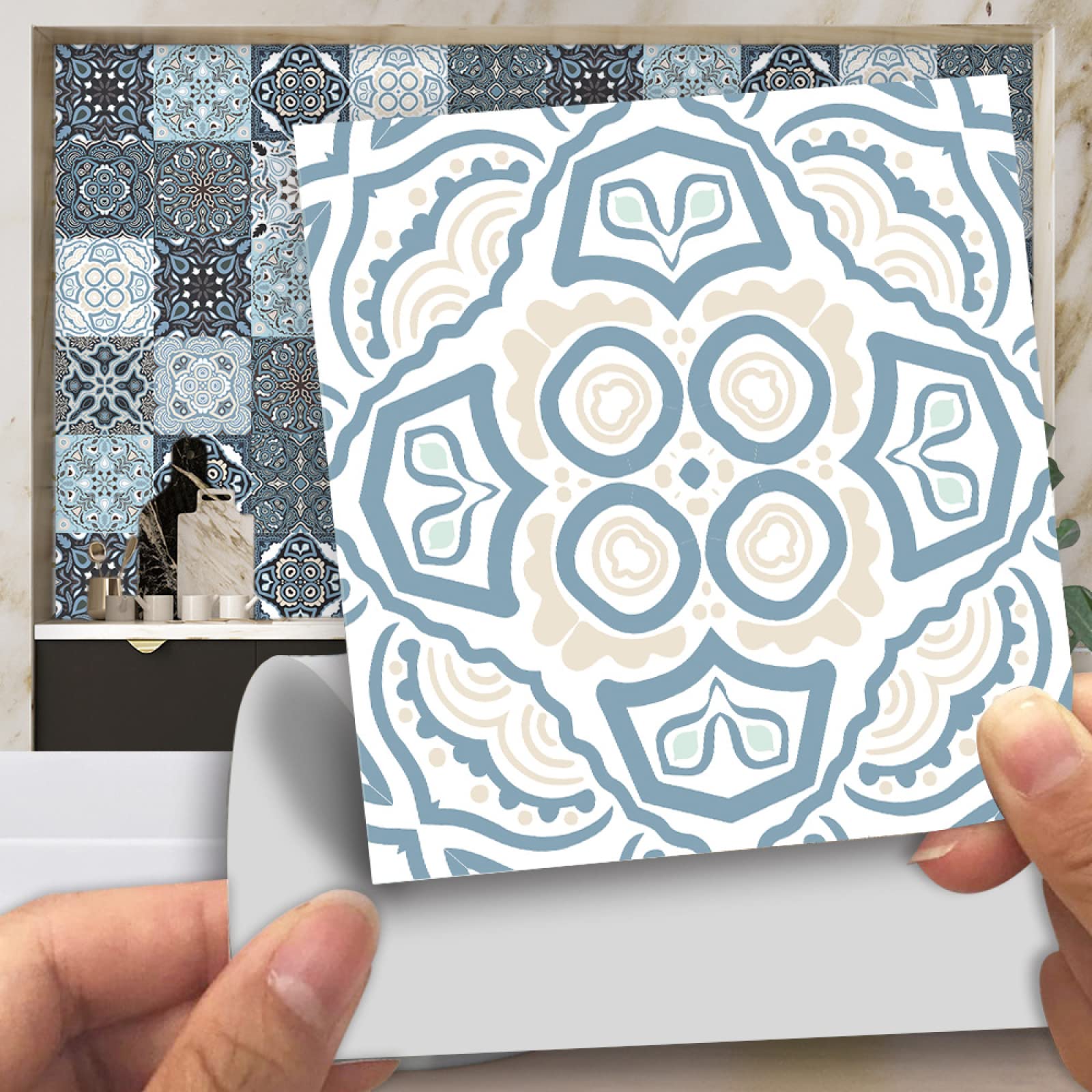WARRIO Sky Blue & White PVC Peel and Stick Tile Stickers - Heat Resistant, Waterproof Self-Adhesive Wall Tiles for Kitchen & Bathroom (20x20cm, 10pcs) - Perfect for Home Renovation, Backsplash Upgrade, and Rental Apartment Decor