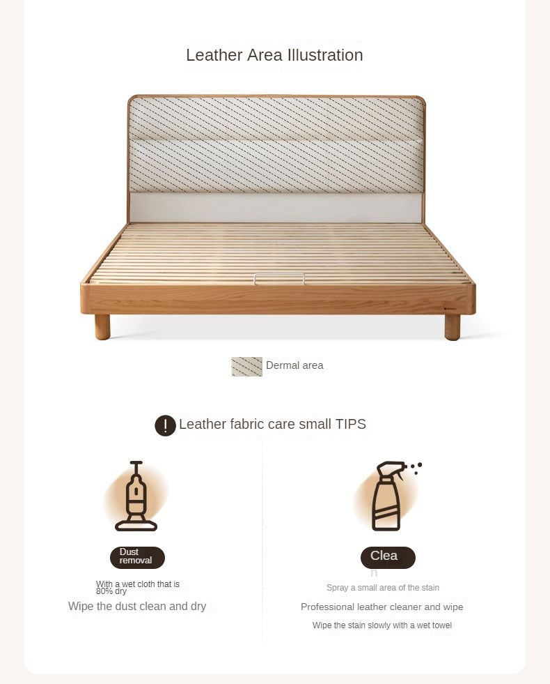 Solid Oak Wood Genuine Leather Upholstered Soft Bed - Perfect for Master Bedroom, Guest Room & Cozy Home Decor