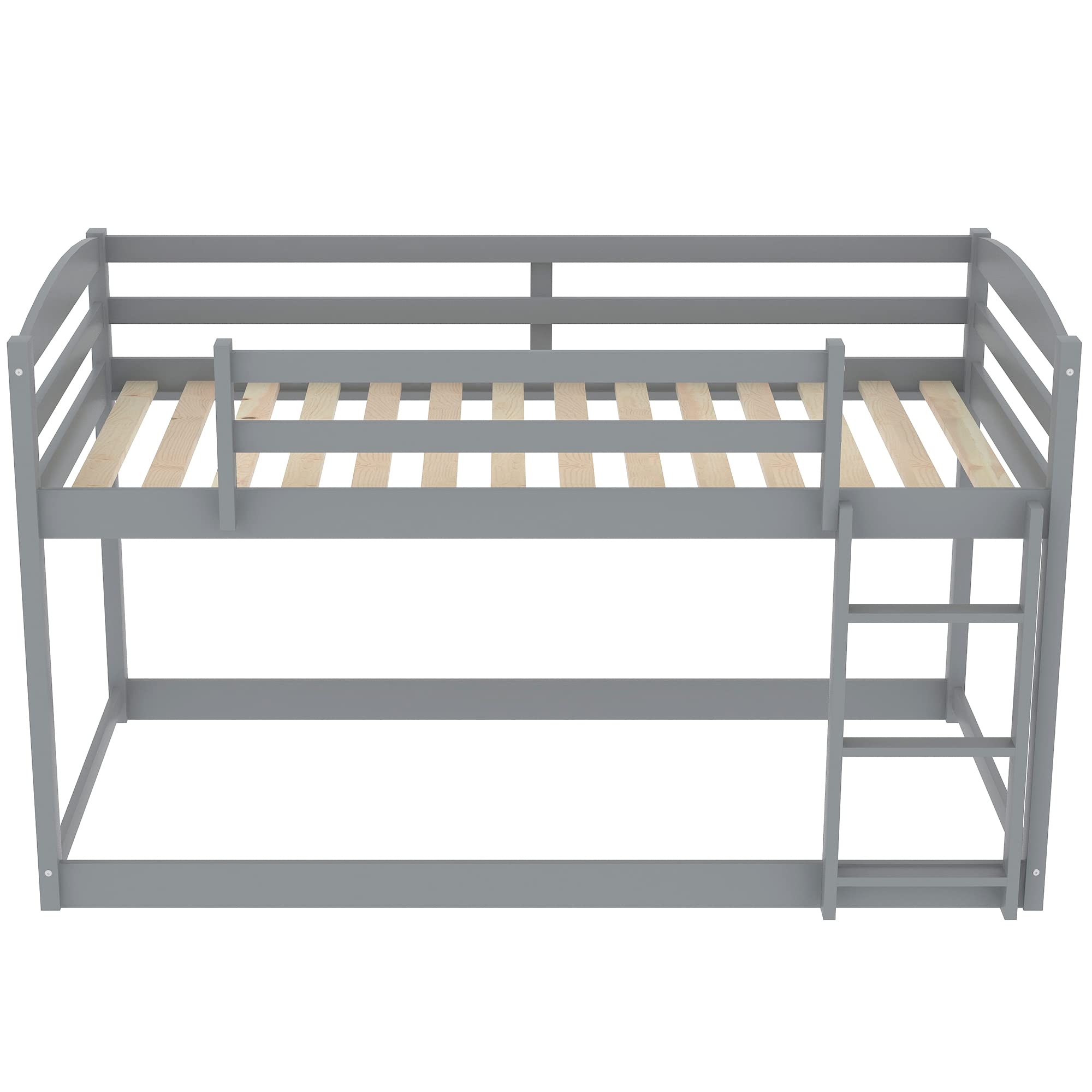 Twin Over Twin Solid Wood Bunk Bed with Ladder & Safety Guardrails - Space Saving Low Bunk Bed Frame with Slats for Teens Bedroom - No Box Spring Needed - Gray - Perfect for Small Rooms, Kids' Bedrooms & Vacation Homes