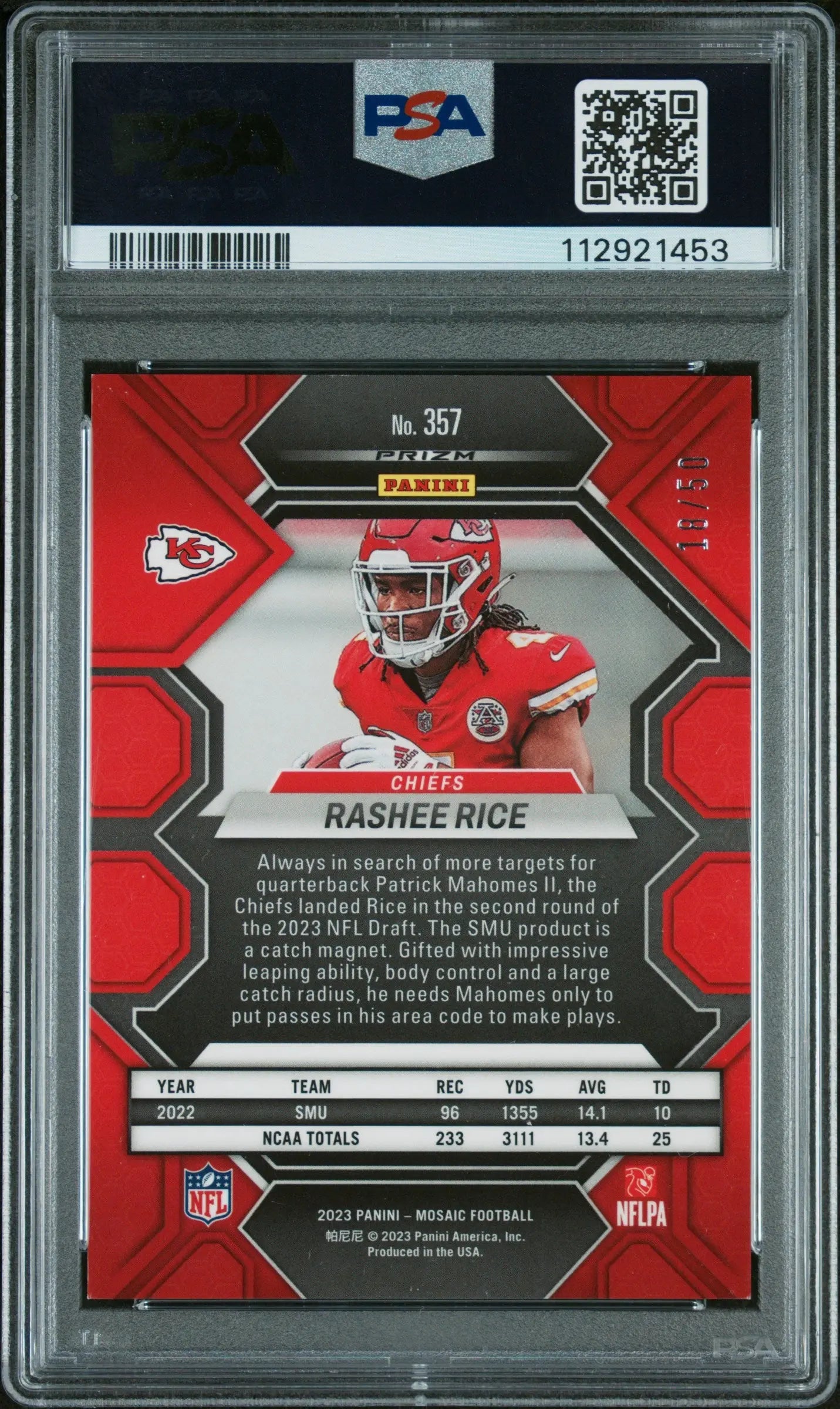 2023 Panini Mosaic Football Rashee Rice Rookie Card Purple No Huddle Prizm PSA 9 Gem Mint /50 Limited Edition - Perfect for NFL Collectors & Fantasy Football Fans