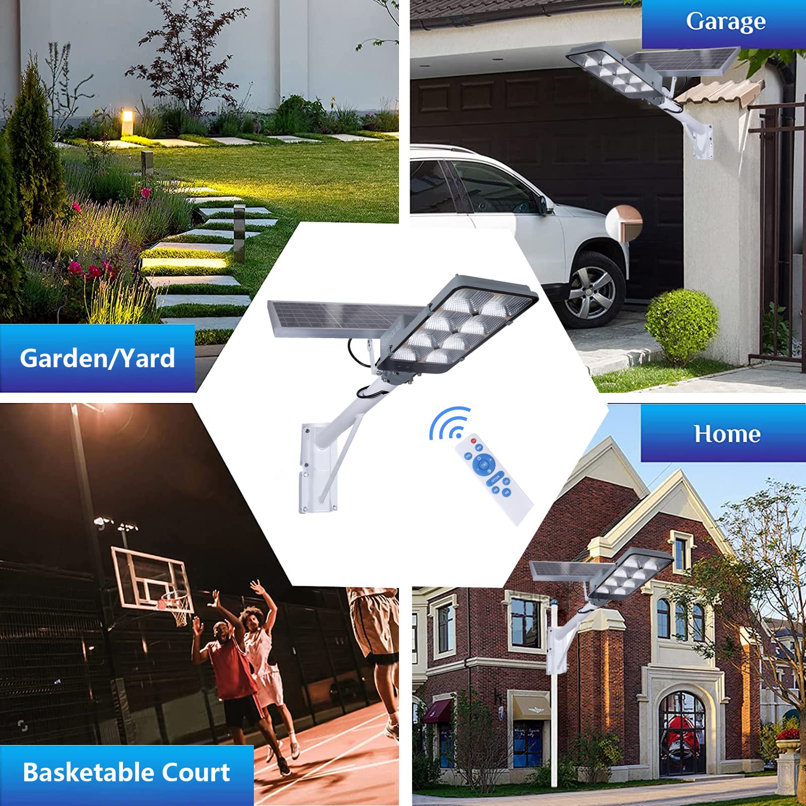 Solar Powered Outdoor Flood Lights with Motion Sensor - 6500K Bright White, IP65 Waterproof, Dusk to Dawn Security Lighting for Driveway, Parking Lot, Garden, Stadium, Basketball Court - Ideal for Commercial & Residential Use