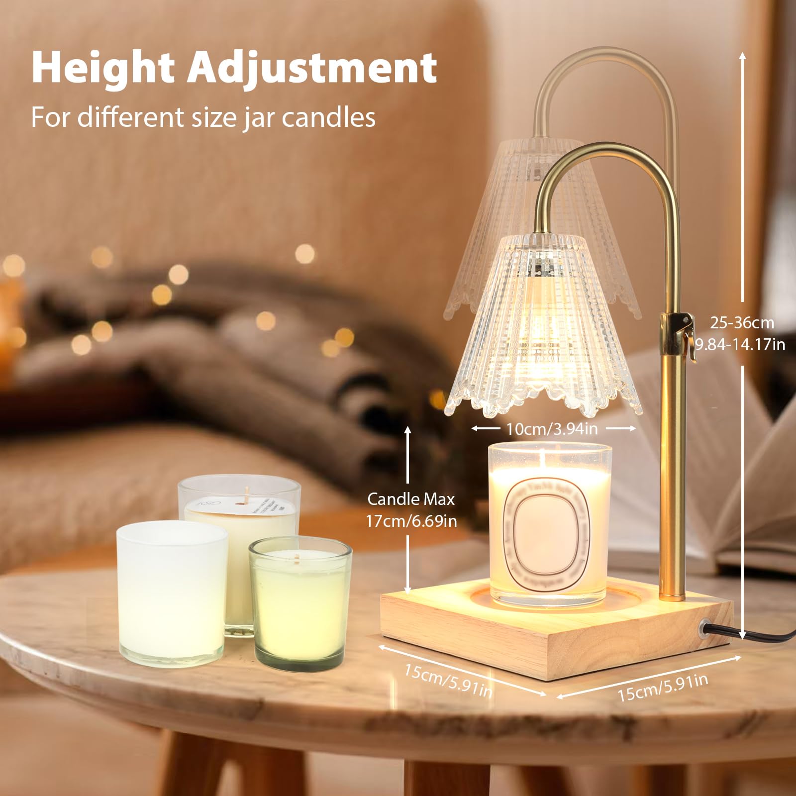 Electric Candle Warmer Lamp with Timer & Dimmer - Adjustable Height, Auto Shut-Off, Includes 2 Bulbs - Flameless Wax Melt Warmer for Home Decor, Gifts, Scented Jar Candles - Perfect for Bedroom, Living Room, Office Aromatherapy