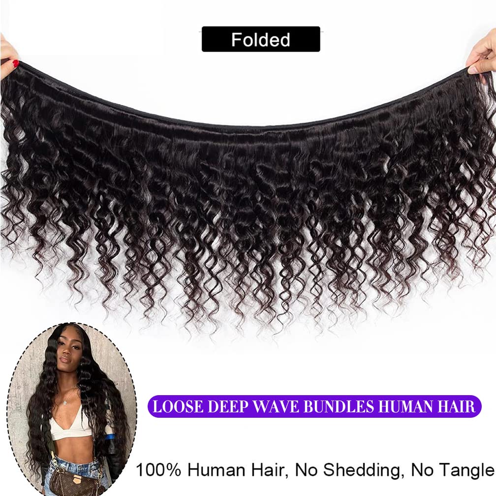 Brazilian Deep Wave Human Hair Bundles with 4x4 Lace Closure | 16 18 20 +14 Inch | Unprocessed Wet & Wavy Hair Extensions | Natural Black | Free Part | Perfect for Protective Styles, Weaves & Everyday Glam