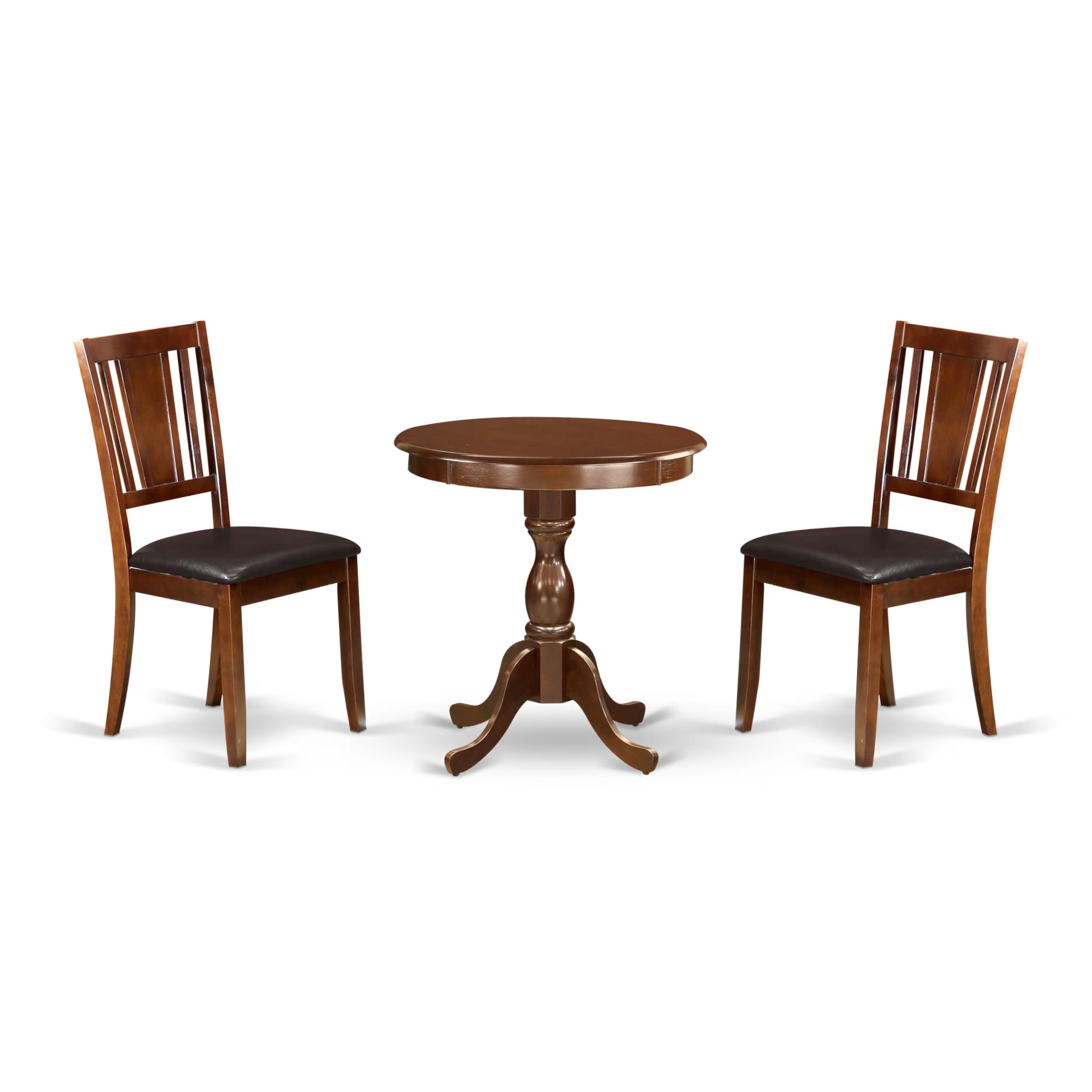 East West Furniture ESDU3-MAH-LC 3-Piece Round Dining Table Set with Pedestal Base & 2 Faux Leather Chairs - 30x30 Inch Mahogany - Perfect for Small Spaces, Breakfast Nooks & Cozy Apartments