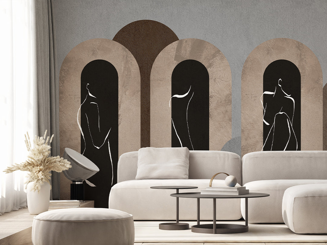 Beige Gray Arches & Girl Lines Wall Mural AM061 - Modern Abstract Peel and Stick Wallpaper for Bedroom, Living Room, Nursery Decor
