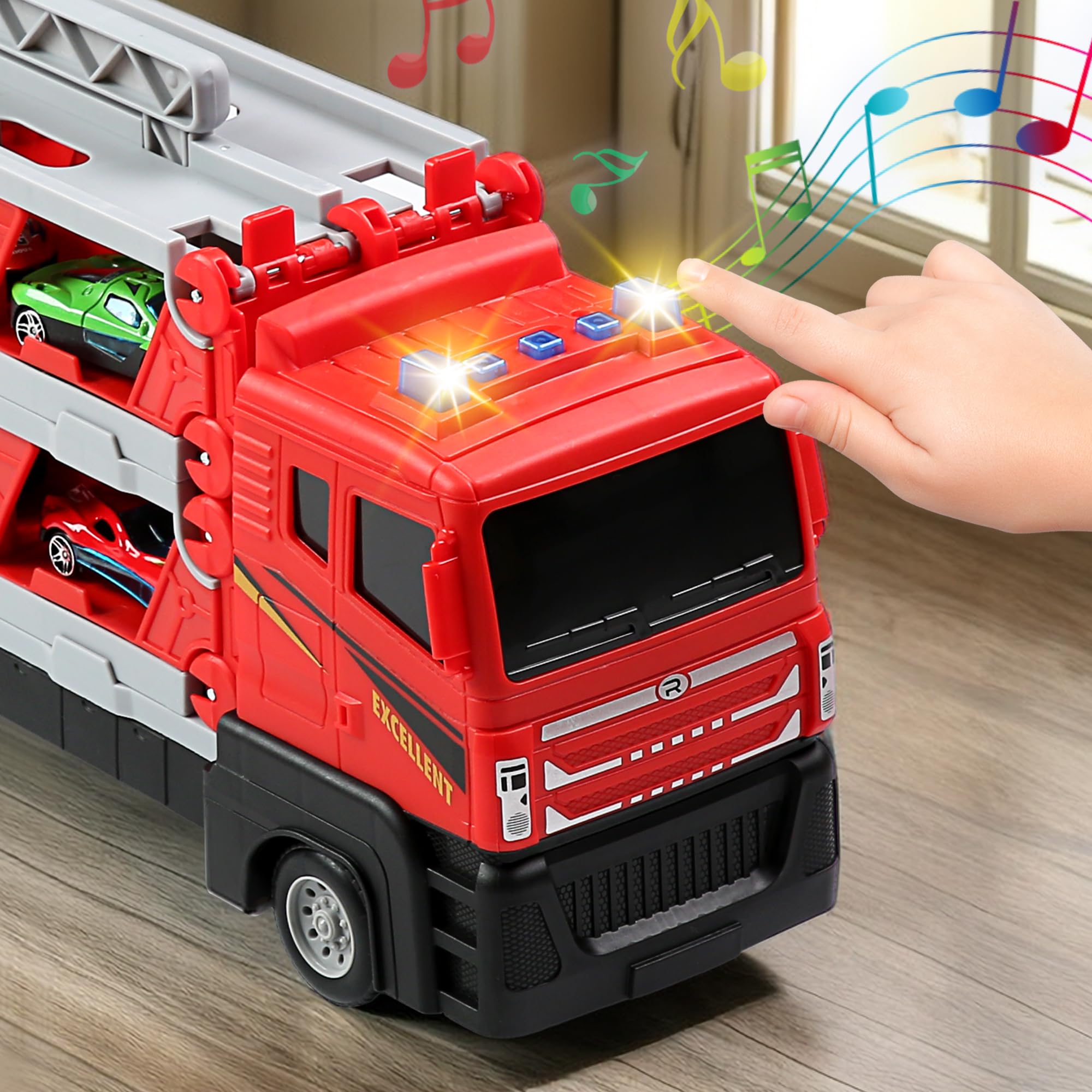 Mega Hauler Truck with Ejection Race Track - 7-in-1 Transformer Toy Truck with 6 Metal Race Cars, Music & Lights - Best Gift for Boys & Girls Ages 4-13 - Perfect for Indoor Play, Birthday Parties & STEM Learning