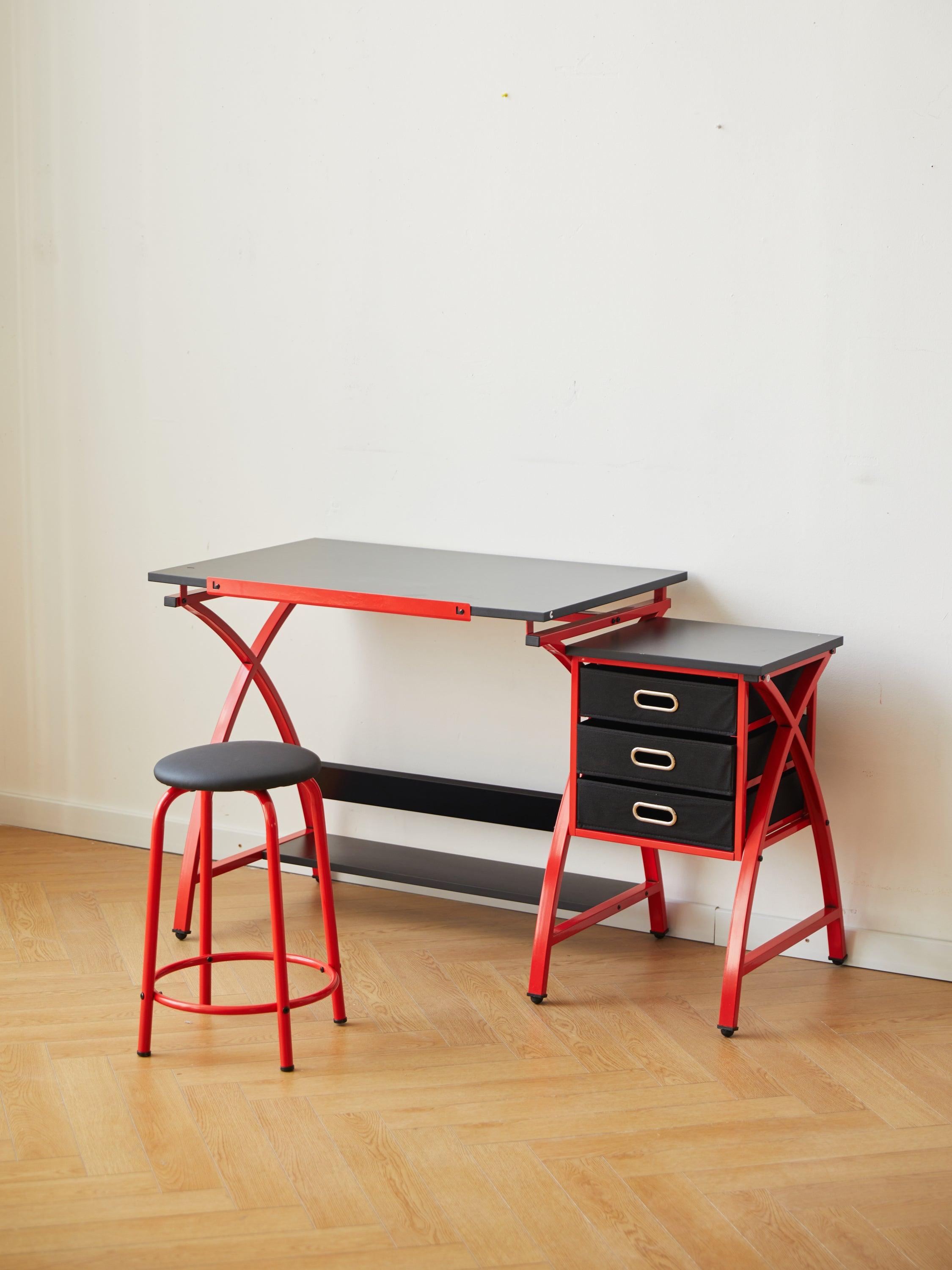 Adjustable Red Drafting Table with Stool - Perfect for Artists, Architects & Students - Home Office & Studio Drawing Desk