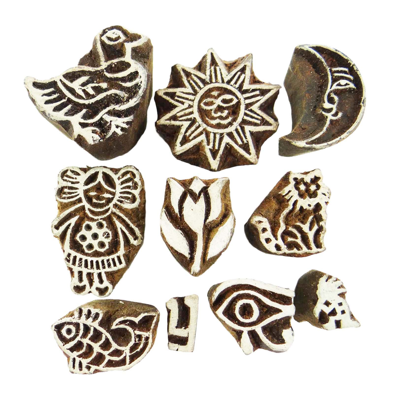 Hand Carved Wooden Printing Blocks for Textile Art - Vintage Wood Stamp Set for DIY Fabric Printing, Scrapbooking & Home Decor