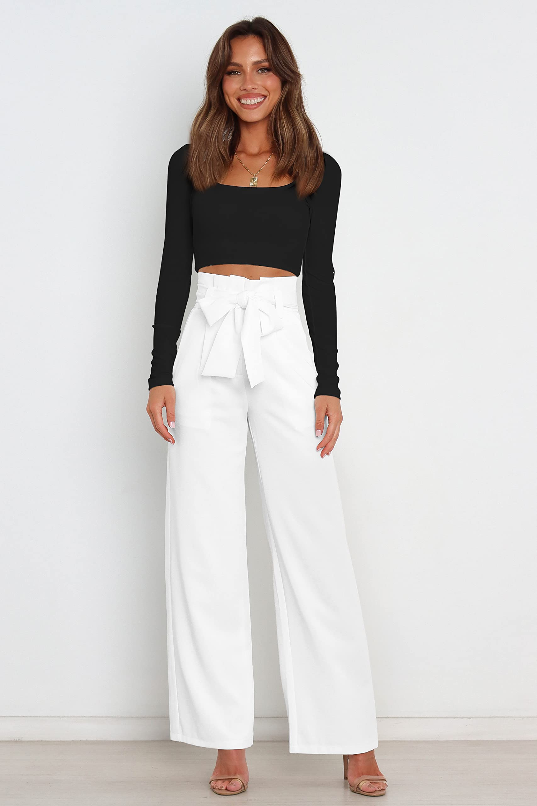 Women's High Waisted Wide Leg Palazzo Pants - Casual Belted Dress Pants for Work, Office & Travel - Comfortable Stretch Trousers for Everyday Wear