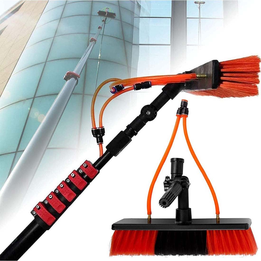 Extendable Water Spray Pole Brush - 20FT/6M Telescopic Window Washing Tool with Dual Water Outlets for Glass, Roof & Solar Panel Cleaning | Perfect for High Windows, Skylights & Photovoltaic Maintenance