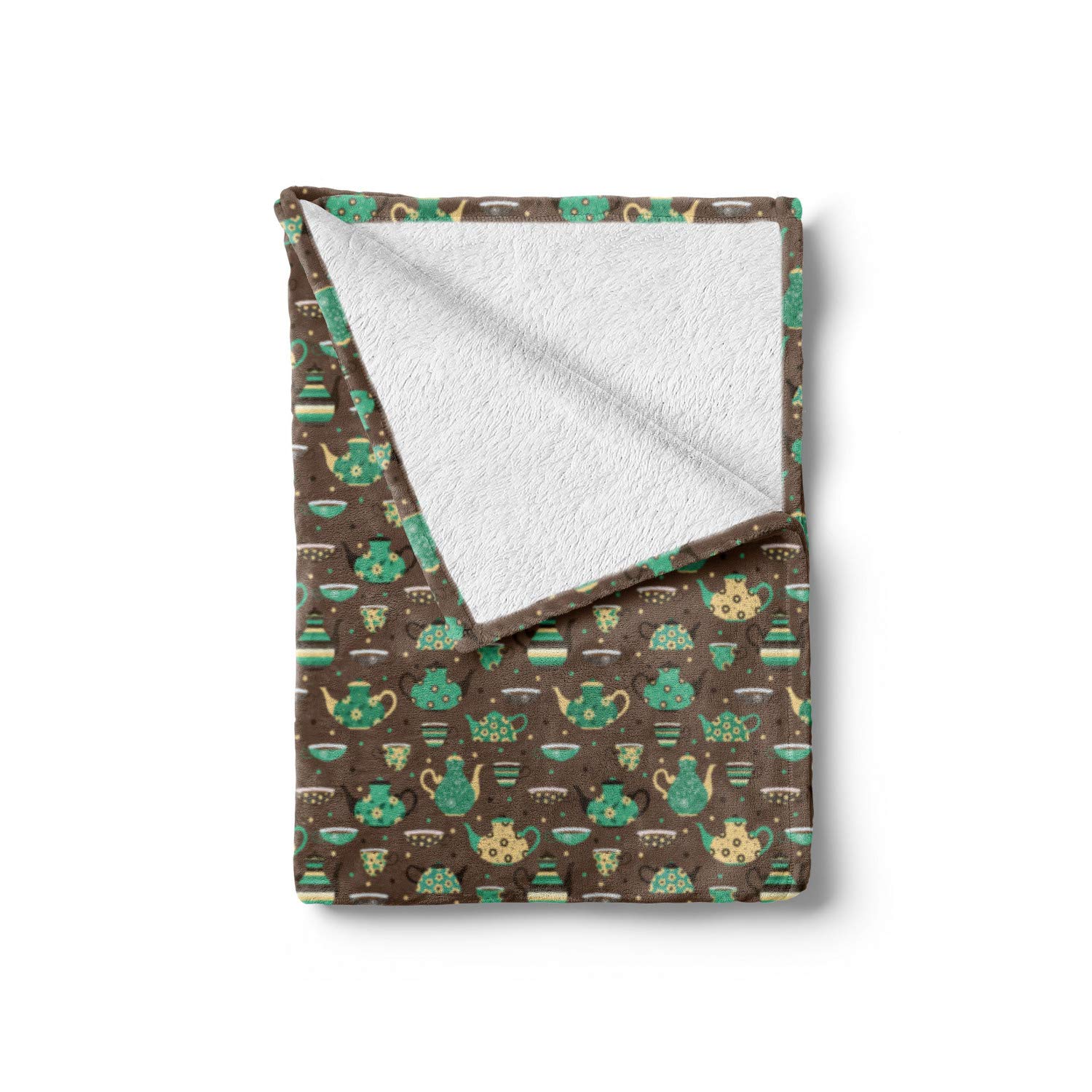 Ambesonne Floral Tea Party Throw Blanket - Soft Fleece Couch Cover with Cups & Pots Design on Dotted Brown Background, 50