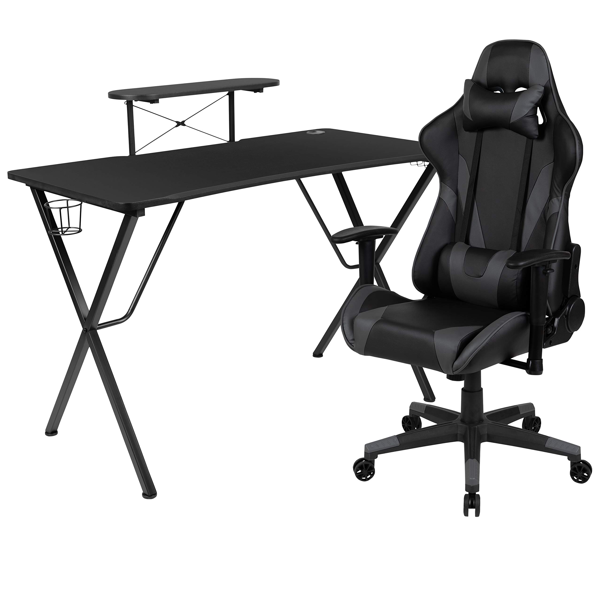 Flash Furniture Optis Black Gaming Desk & Gray Reclining Gaming Chair Set with Cup Holder, Headphone Hook, Monitor Stand - Ergonomic Computer Desk for PC Gaming Setup, Streaming & Home Office Workstation