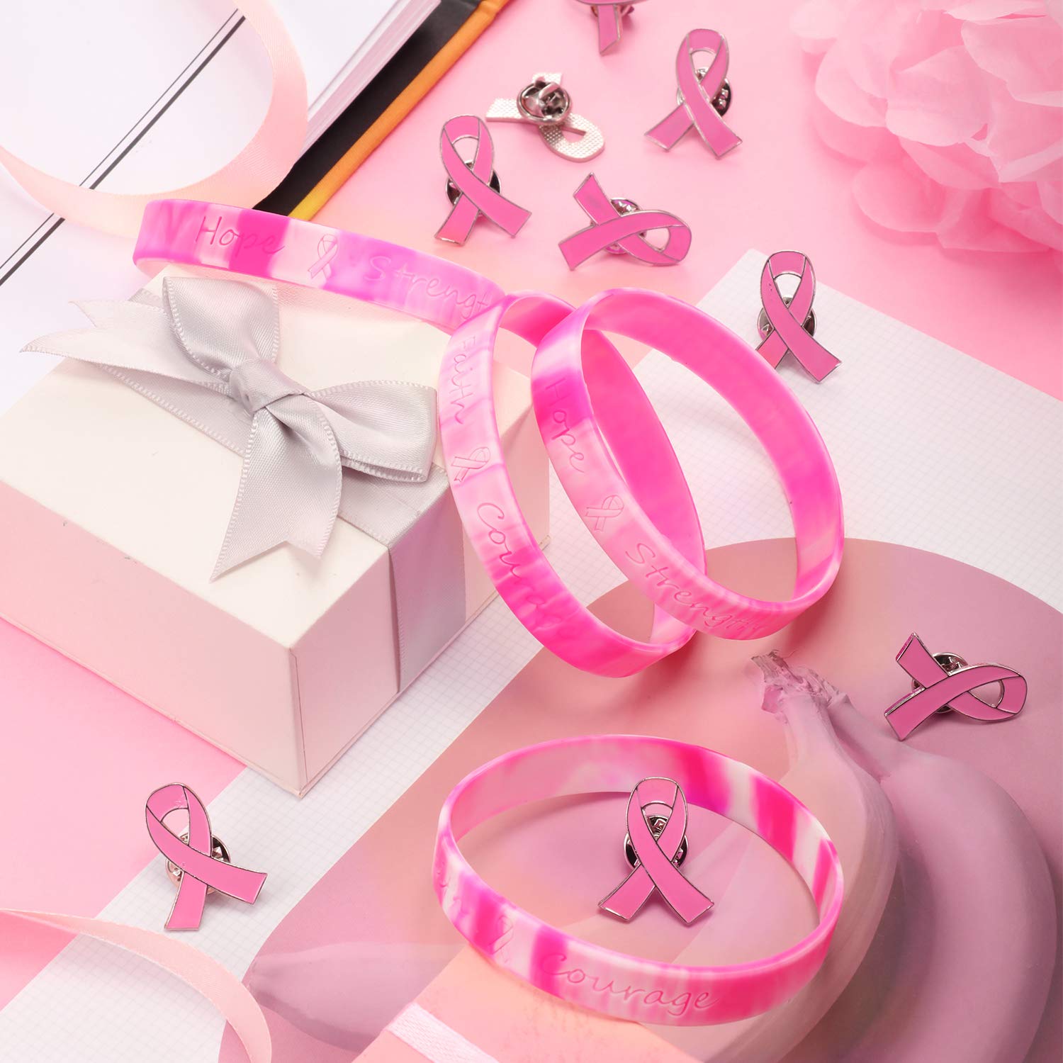 Yaomiao Breast Cancer Awareness Pink Ribbon Bracelets - Faith Strength Courage Charity Gifts (15 Pack) for Women, Survivors, Fundraisers & Social Events
