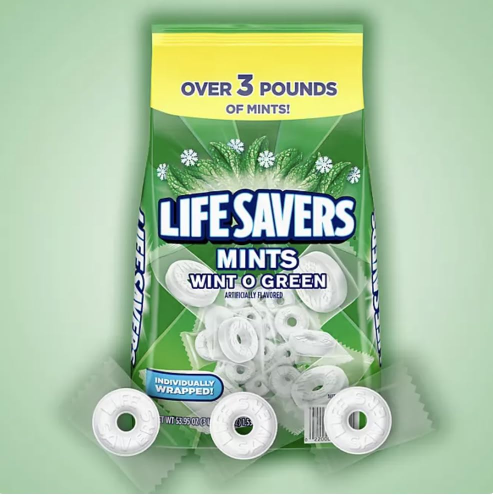 LifeSavers Wint O Green Individually Wrapped Mints - Bulk 3.5lbs (56oz) Refreshing Breath Mints for Office, Car & Travel - Includes CC's Sweets & Snacks Bag Clip