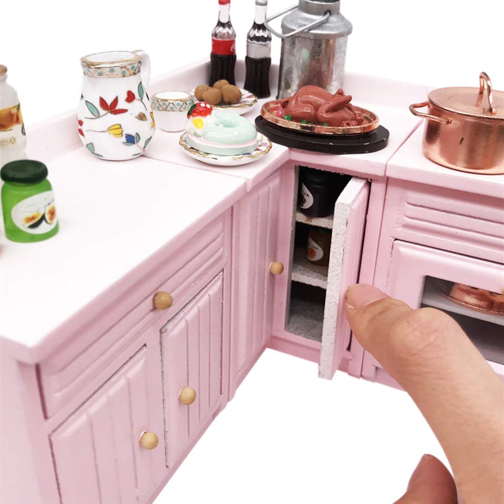 1:12 Scale Miniature Wooden Kitchen Cabinet Set - Pink Dollhouse Furniture for DIY Decoration | Perfect for Dollhouse, Model House & Collectible Displays