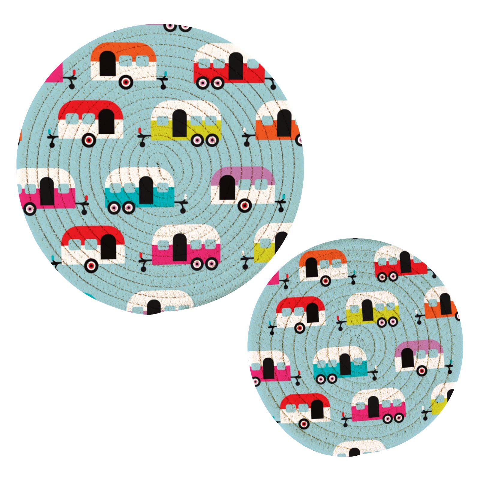 Camper Caravan Cotton Round Pot Holders Set of 2 - Heat Resistant Thread Weave Trivet & Kitchen Hot Pads for Countertops, Cooking, and Outdoor Camping