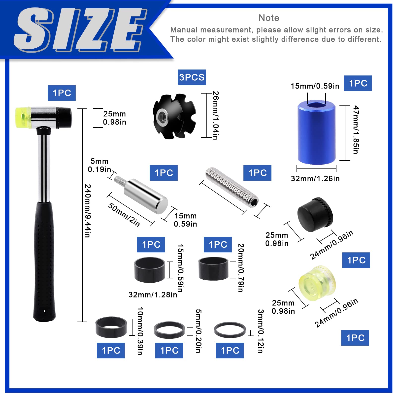 Glarks 15Pcs Bike Fork Star Nut Headset Spacer Installation Tool Kit - Professional Bicycle Fork Installer Setting Tool with Rubber Hammer, Star Nuts & 3/5/10/15/20mm Carbon Fiber Headset Spacers - Perfect for DIY Bike Repair and Maintenance