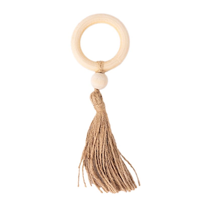 4 Pack Round Wooden Napkin Rings with Beaded Woven Jute Tassels - Natural & Cream Color - Perfect for Wedding, Dinner Party & Home Decor Table Setting