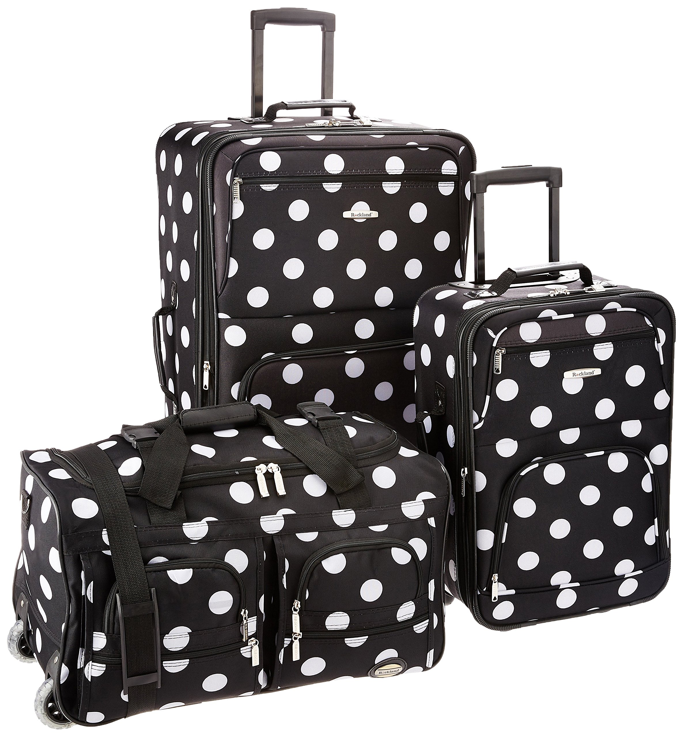 Rockland Vara Softside 3-Piece Expandable Upright Luggage Set (20/22/28 Inch) - Lightweight Durable Suitcase for Travel, Business & Vacation - Black Dot Design