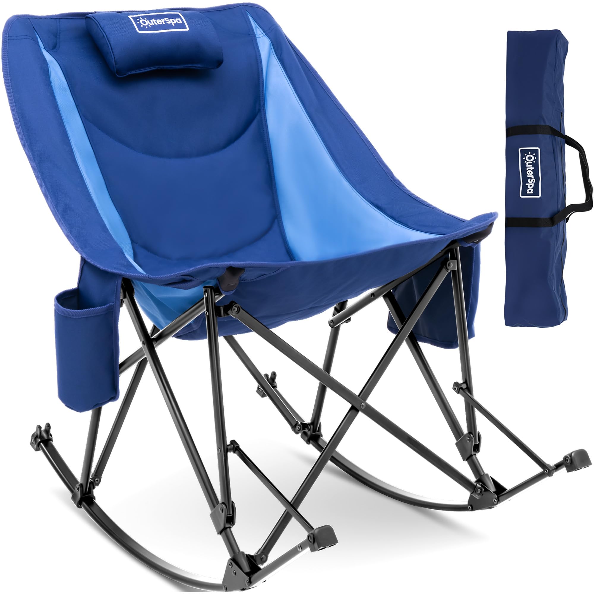 Heavy Duty Oversized Portable Folding Camping Chair with High Back & Side Cup Holders - Blue Outdoor Rocking Chair for Beach, Fishing, Picnic, Concert, Lawn & Travel - Perfect for Relaxing in Backyard, Camping Trips & Outdoor Events